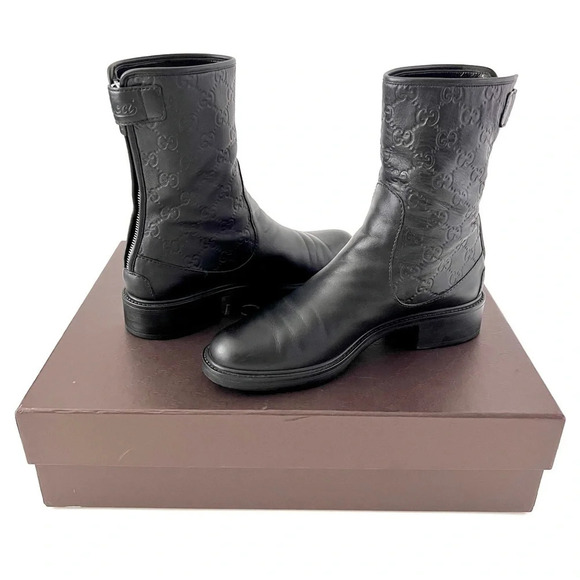 GUCCI || GG Monogram Guccissima Maud Black Leather Short Moto Ankle Boots US 8.5 - Picture 2 of 16